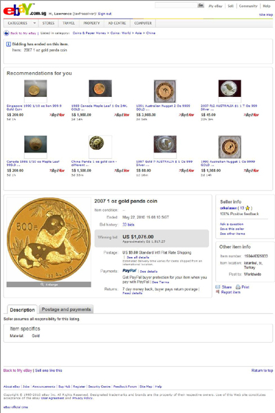 orkalaser eBay Listing Using our 2007 Chinese One Ounce Gold Panda Coin Photograph
